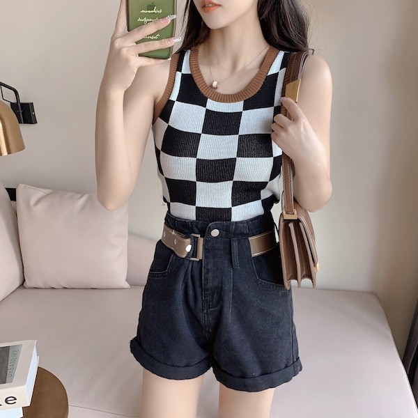(2545)เสื้อครอปแขนกุดไหมพรมknit ทอลายตารางสลับสี สไตล์ฮิปสเตอร์สุดชิค ...
