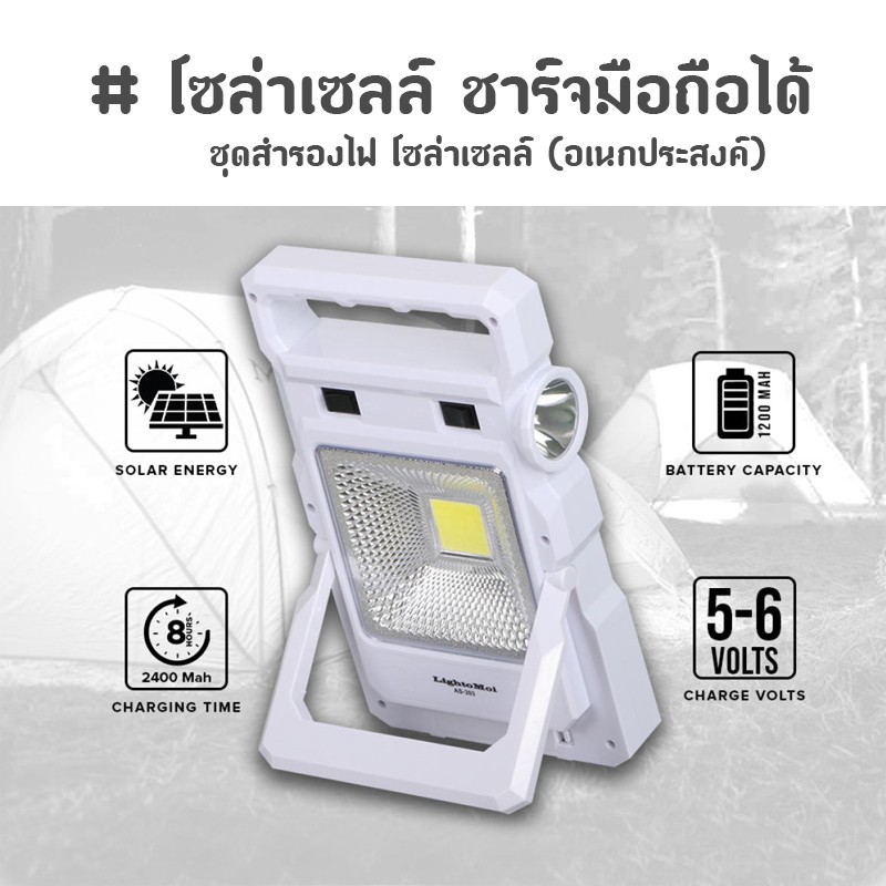 ไฟฉุกเฉิน โซล่าเซลล์ ชาร์จมือถือได้ ไฟ LED ไฟพกพา solar lighting kit AS-203