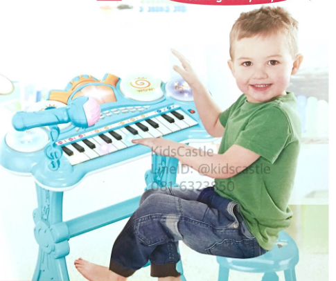 Kids castle เปียโนออแกนอิเลคโทนสำหรับเด็กเสียงมีไฟพร้อมไมโครโฟนและเก้าอี้นั่ง