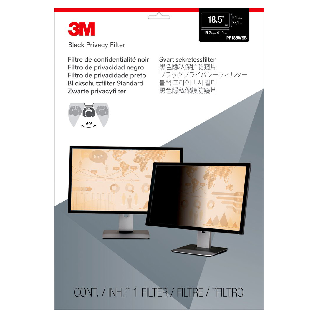 3M Privacy Filter ขนาด 18.5 นิ้ว แผ่นกรองแสงป้องกันการแอบมองจากด้านข้าง สำหรับ Widescreen Monitor [PF185W9B]