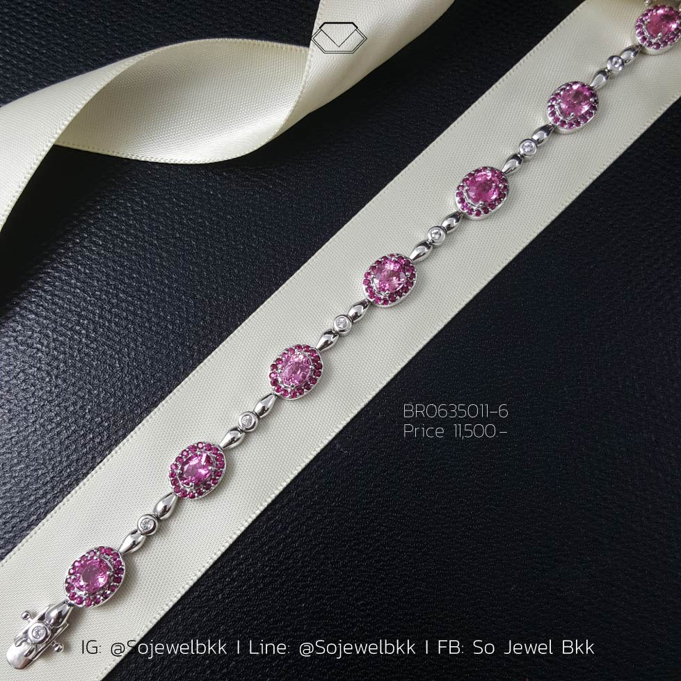 สร้อยข้อมือทัวร์มาลีนสีชมพู(Pink Tourmaline) สร้อยข้อมือพลอยแท้ สร้อยข้อมือเงินแท้ เงินแท้925 ตัวเรือนชุบทองคำขาว ความยาว19ซม.รหัสสินค้าBR0635011-6