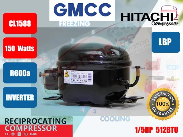 คอมเพรสเซอร์ ตู้เย็น GMCC (HITACHI)  รุ่น CL1588-DA,DZ ขนาด 1/5HP น้ำยา R600a