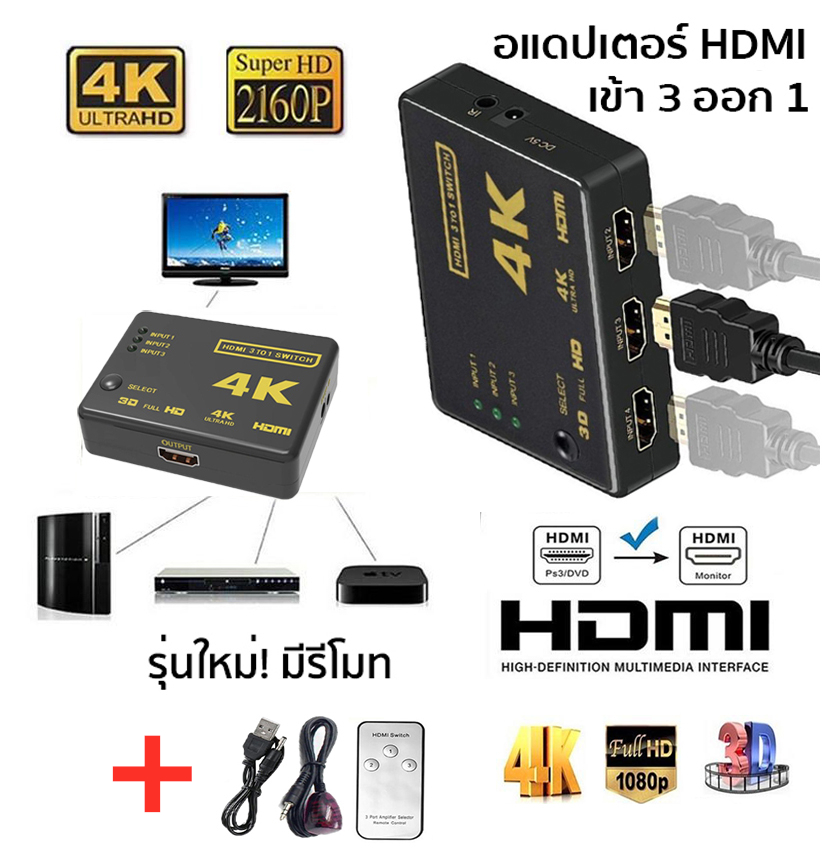 3 in 1 out HDMI Switch Hub Splitter ของแท้ รหัสC31 เพิ่มช่อง HDMI อุปกรณ์เพิ่มช่อง HDMI เครื่อง HDMI Switcher สาย HDMI ตัวแยก HDMI / เพิ่ม HDMI 3 ช่อง แบบบาลานซ์ ไม่กระตุก ไม่เยอะจนทำให้เครื่องรวน รุ่นใหม่รองรับ 4K ไม่ลดบิทเรท คงความชัดไว้แน่นอน 100%
