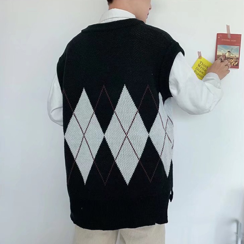 Checkered Warm Loose Vneck Men's Sweater Vests New Trend Simple Couple