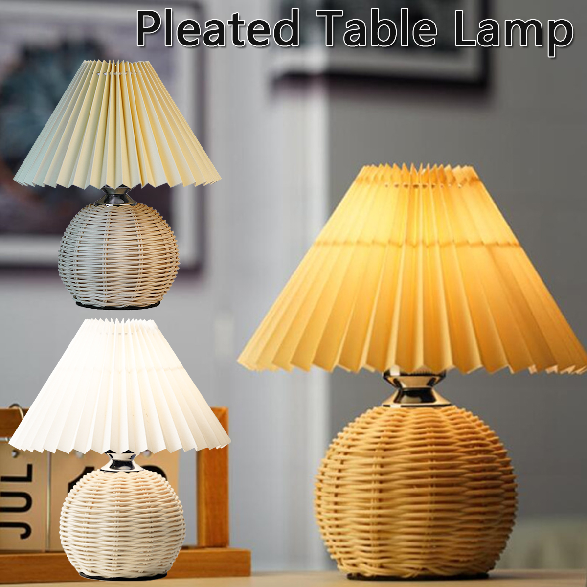 Pleated Rattan LED Lamp Living Room Table Standing Lamp Study Desk ...