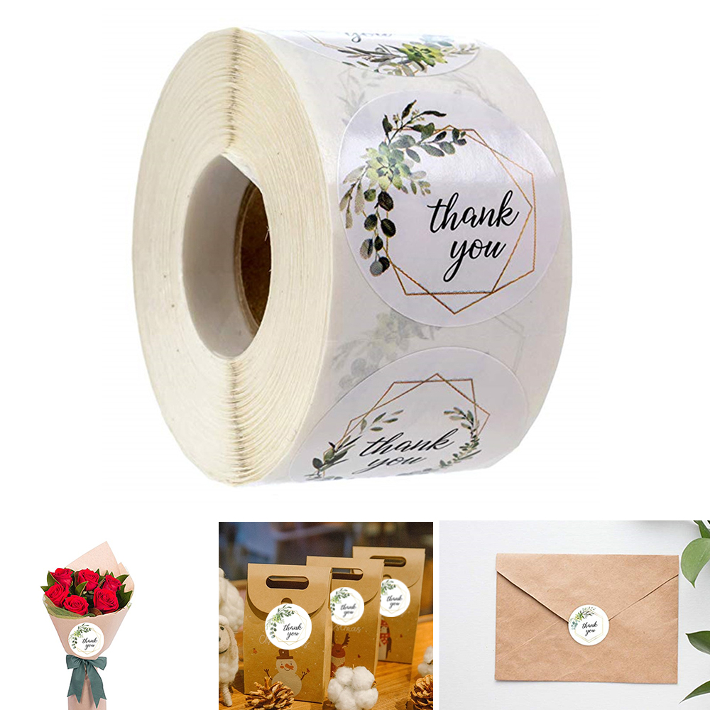 500Pcs/Roll Cookie Bags Thank You Flower Wedding Decor Sealing Tag Kraft Stickers Package Label