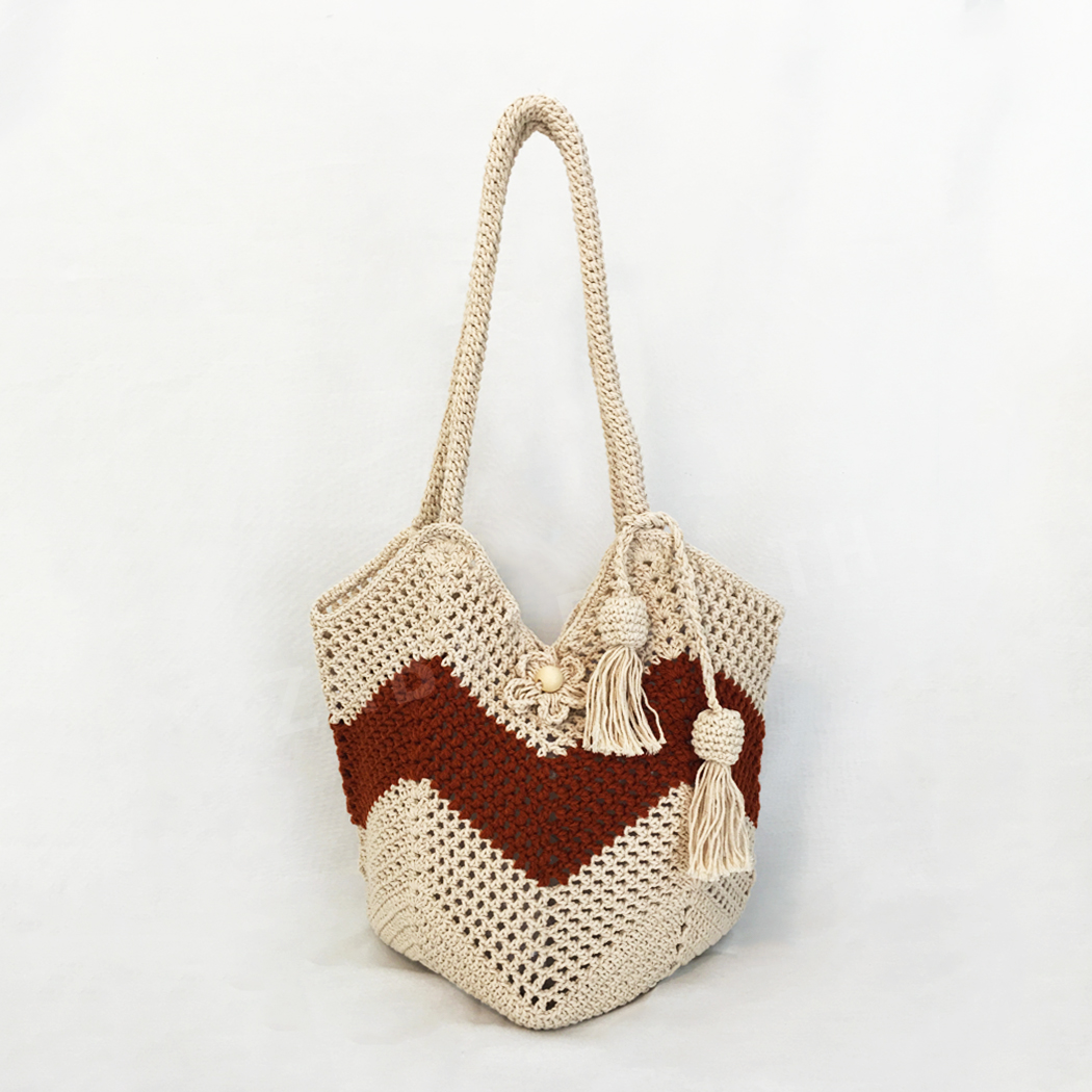 HOLLOW KNITTED TOTE BAG 35 IN OFF WHITE MIX BLACK WOVEN FABRIC