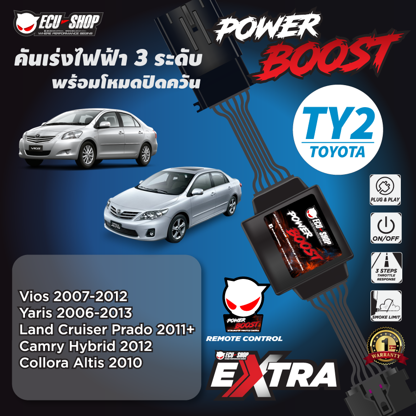 POWER BOOST - TY2 คันเร่งไฟฟ้า 3 ระดับ พร้อมโหมดปิดควัน**รุ่น TOYOTA (Yaris2006-2013/Vios2007-2012/Camry2012/Altis2010) ปลั๊กตรงรุ่น ติดตั้งง่าย ECU=SHOP