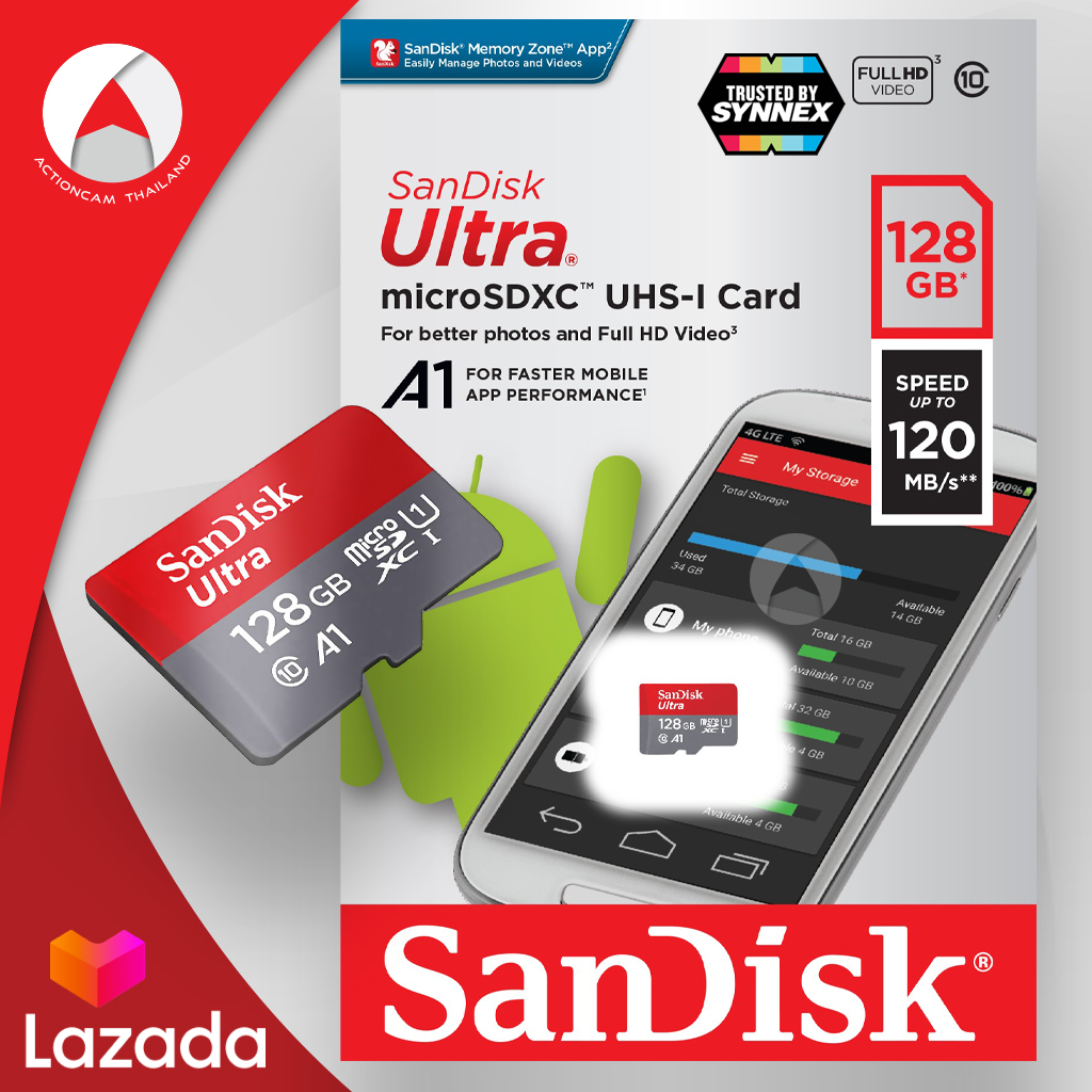 Sandisk Ultra microSDXC Card Class10 A1 ความเร็ว 120MB/s ความจุ 128GB U1 (SDSQUA4-128G-GN6MN) เมมโมรี่ การ์ด แซนดิส โทรศัพท์ มือถือ สมาร์ทโฟน แท็บเล็ต กล้องแอคชั่น Action Camera
