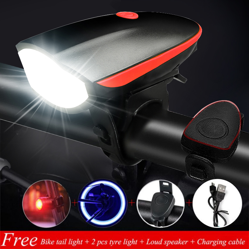 SUNEM ไฟหน้าจักรยาน LED พร้อมแตรแบบเสียง 120 Db Bicycle Headlight Bicycle Horn Light พร้อมส่ง ไฟหน้าติดจักรยาน หน้า+หลัง ชาร์จไฟ USB เปิดไฟค้าง-กระพริบได้