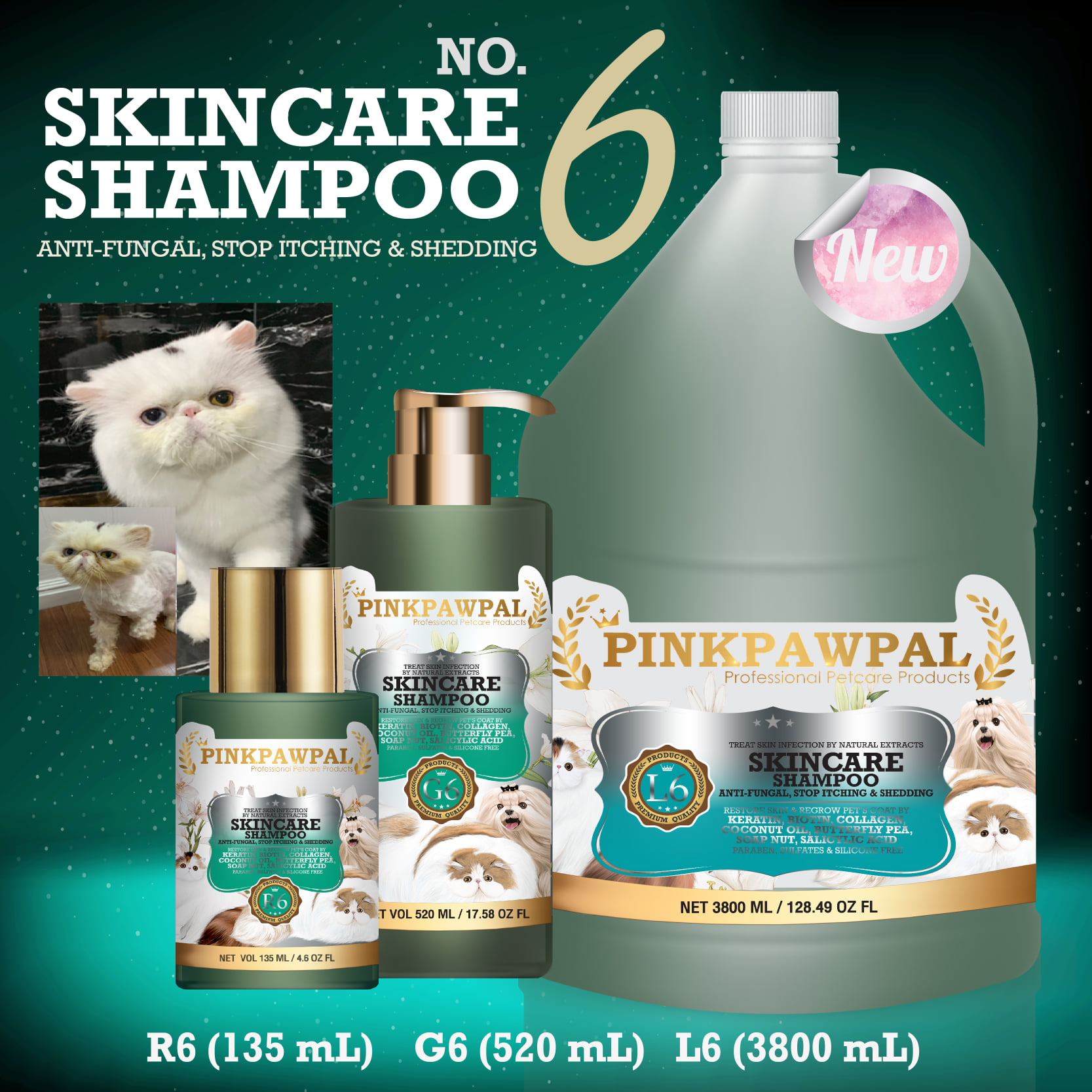 พิ้งค์พอว์พัล No.6 แชมพูล้างคราบมัน เชื้อรา ลดคัน ขนนุ่ม ไม่มัน ขนาด 135/520/3800 มล. (Pinkpawpal No.6 Skincare Shampoo for Pets 135/520/3800 ml.)