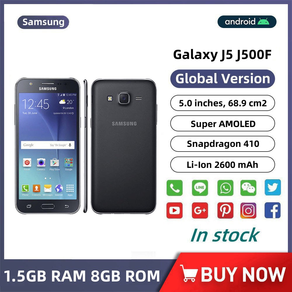 Samsung Galaxy J5 J500F 5.0 Inch Quad Core 1.5GB RAM 8GB ROM 13MP Rear Camera Dual SIM Bluetooth Android Mobile Phone ราคา 1,530 บาท*ส่งฟรี