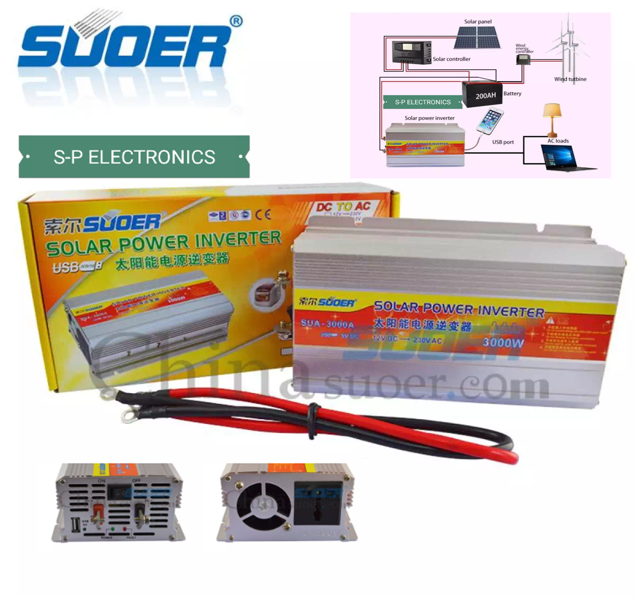 Suoerอินเวอร์เตอร์ 12V 3000W 12V to 220V Portable Smart Power Inverter