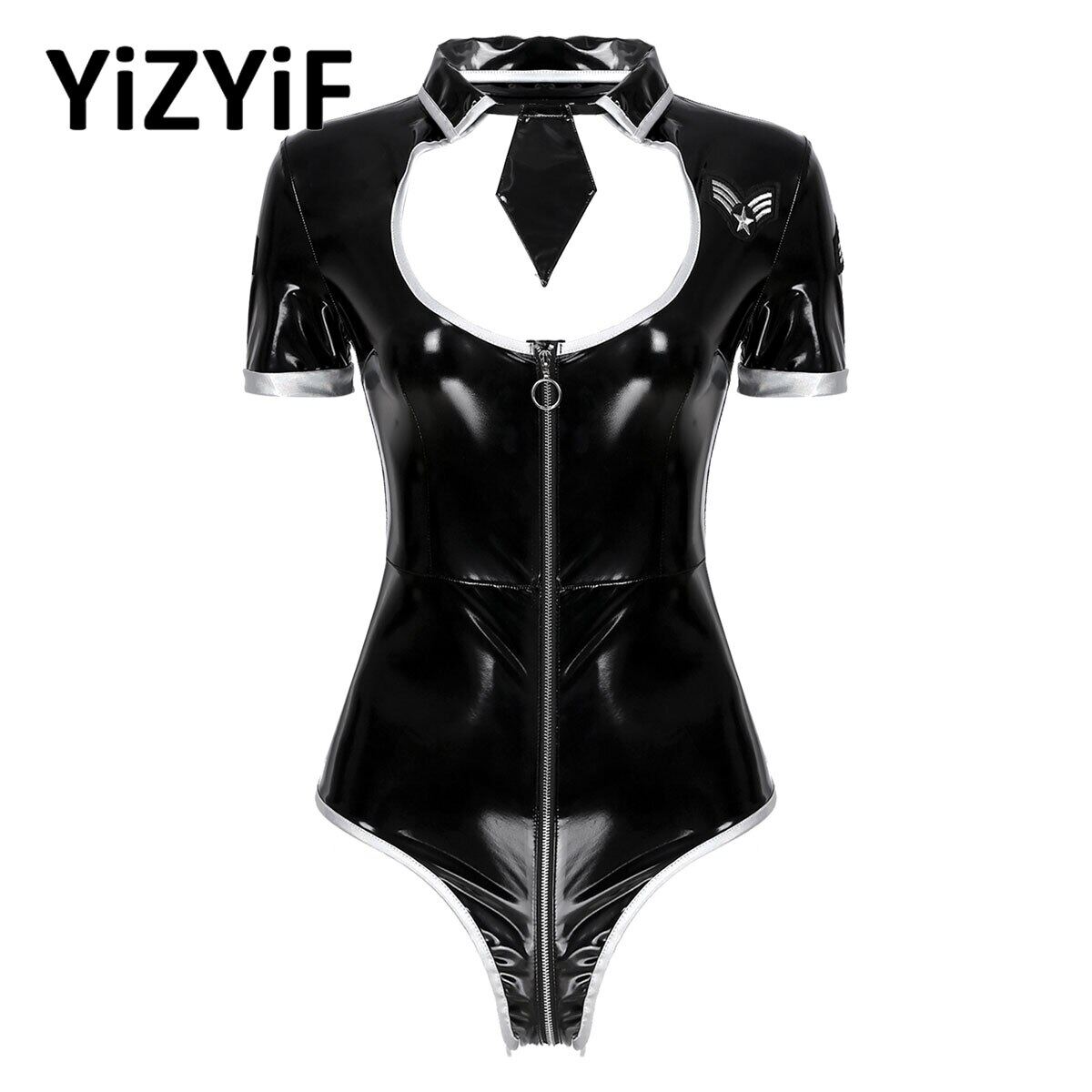 Hot Sexy Police Woman Officer Uniform Costume Wet Look Patent Leather Zipper Bodysuit Catsuit