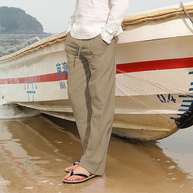 2023 Mens Cotton Linen Pants Summer Solid Color Breathable Linen Trousers Male Streetwear Casual Multi-Pocket Loose Beach Pants