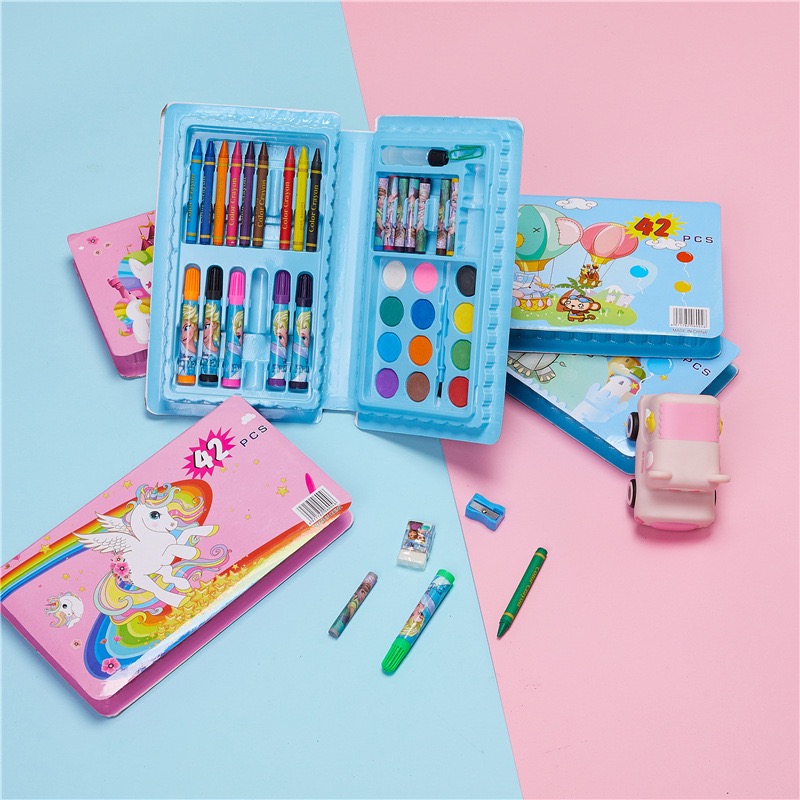 ชุดระบายสี 42 ชิ้น ชุดเครื่องเขียนดินสอสีและสีน้ำ เครื่องมือวาดภาพสำหรับเด็ก ลายการ์ตูน สีสันสดใส