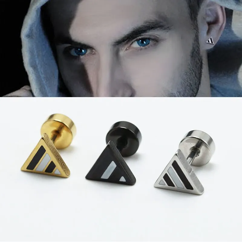 ต่างหู ตุ้มหู จิว ต่างหูผู้ชาย ต่างหูผู้หญิง Fashion Punk Men's Stud Earrings Triangle Ear Studs Oil Drip Stripes Titanium Steel Anti-allergic Piercing Jewelry - 1 ข้าง