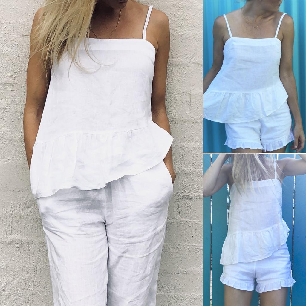 Fashion Tank Tops for Women Linen Casual Solid O-Neck Sleeveless Ruffles Hem