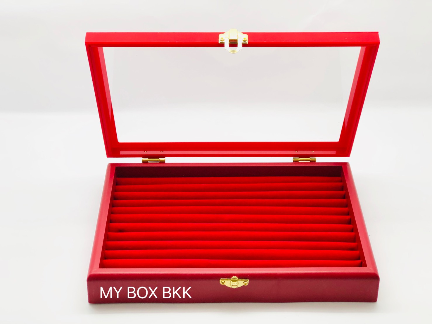 กล่องใส่แหวนฟูก กล่องเก็บแหวน กล่องเก็บเครื่องประดับ มีฝากระจกปิด สีแดงขนาดไหญ่