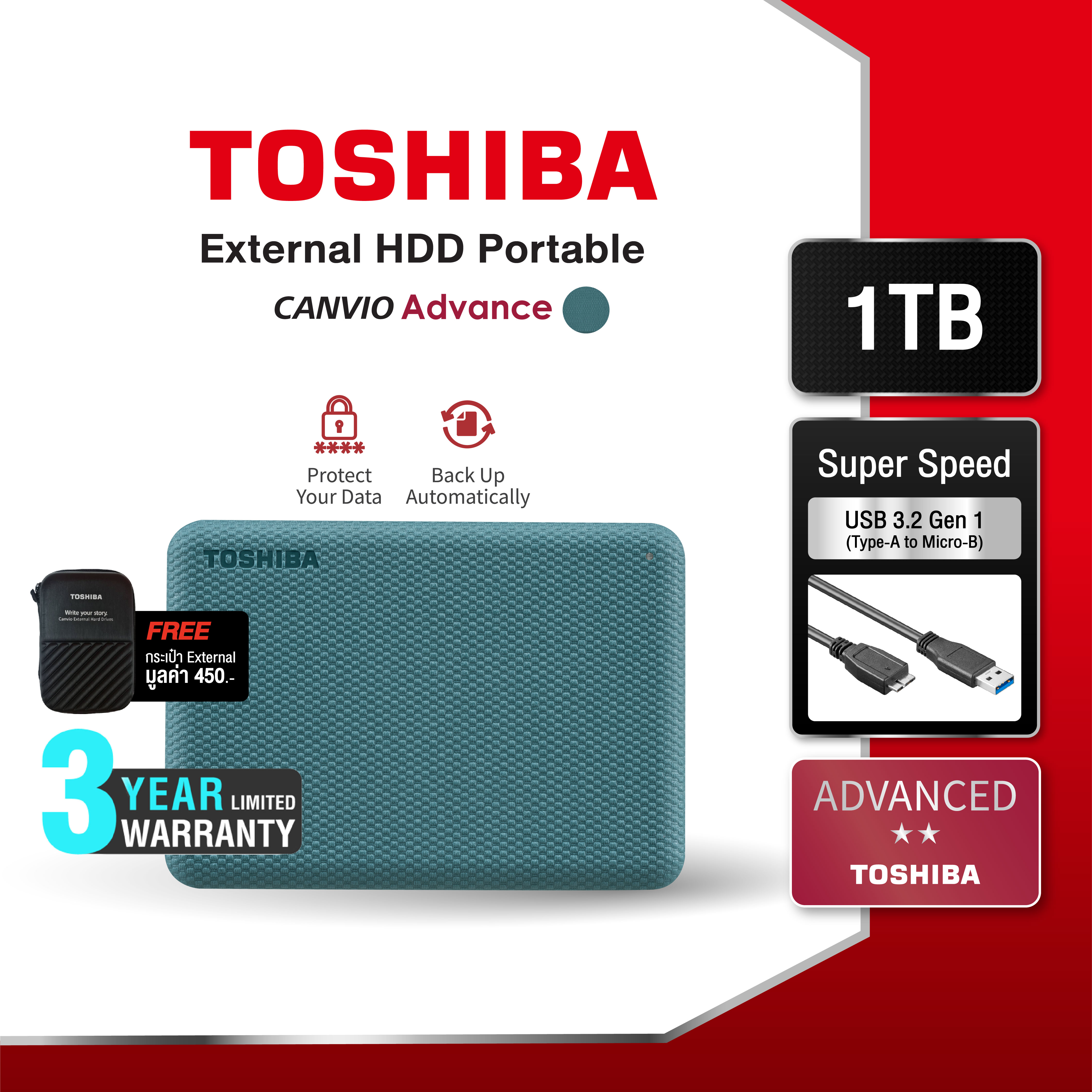 Toshiba External HDD (1TB) USB 3.2 SuperSpeed รุ่น (Canvio Advance V10
