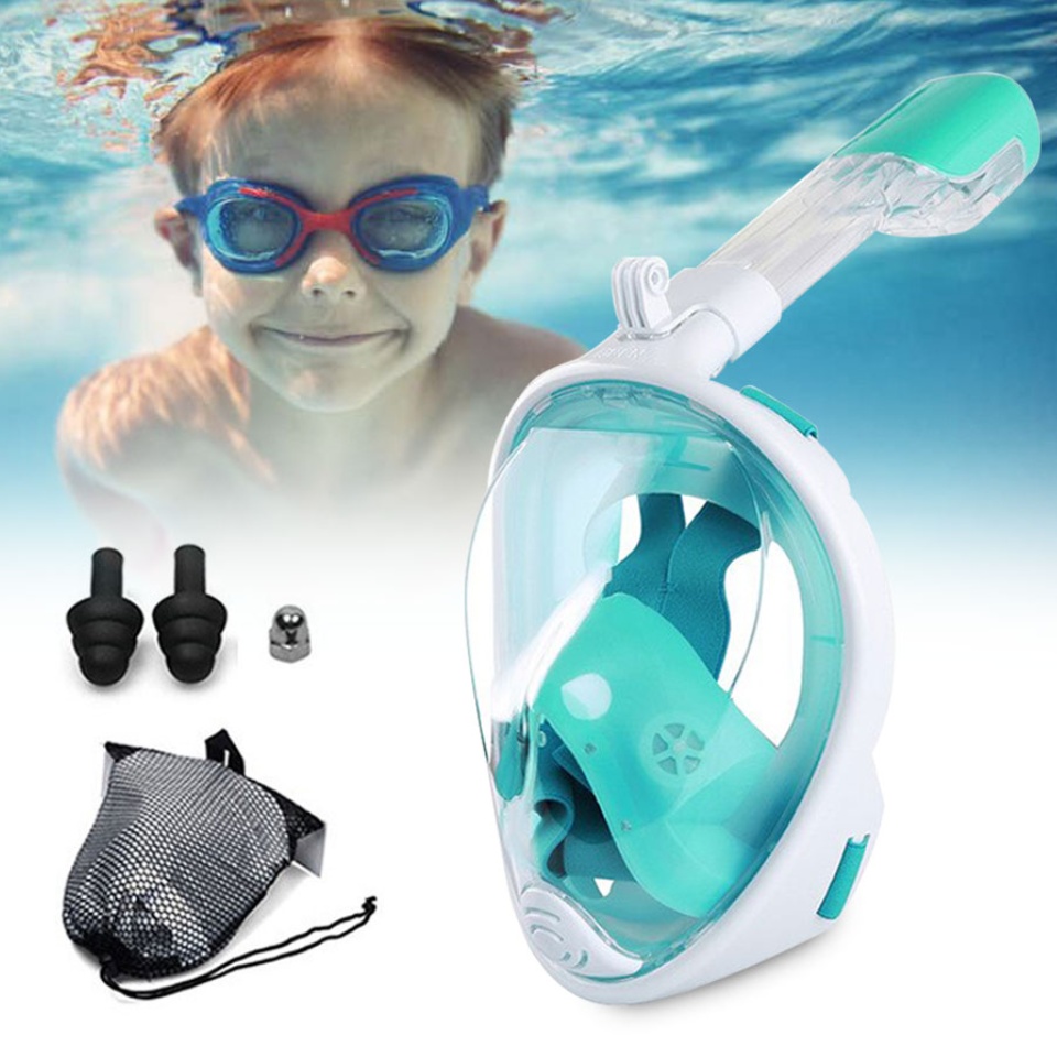 HOME6 หน้ากากดำน้ำ เด็ก แบบเต็มหน้า หน้ากากดำน้ำเด็ก ไม่ต้องคาบ ท่อหายใจ หน้ากาก พร้อมขาติดกล้อง สำหรับ เด็กเล็ก Small Diving mask 180° View Snorkel Mask Panoramic Full Face Design Kid Size