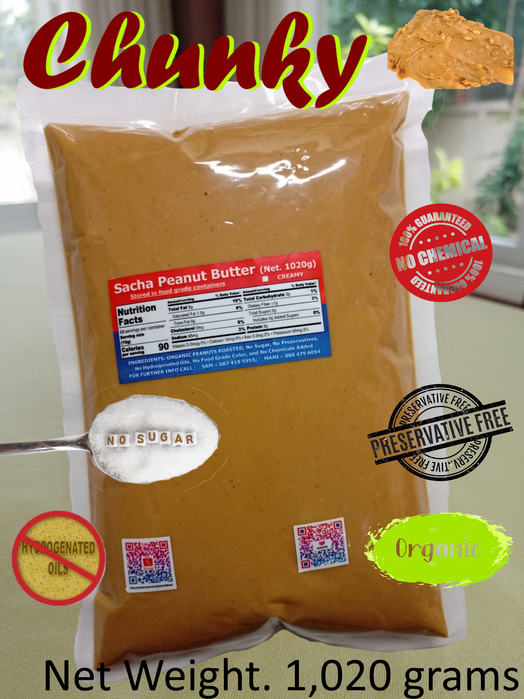 Sacha Peanut Butter (Chunky) All Natural Organic (1,020 grams) - Free Delivery, ซาช่า-เนยถั่ว (ส่งฟรี)