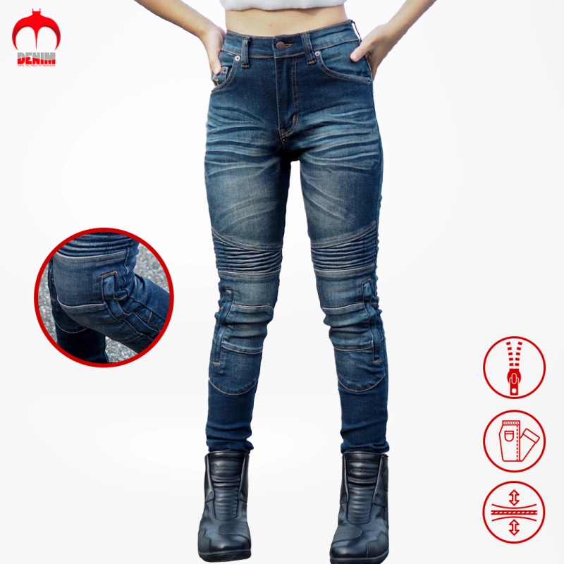 ภาพหน้าปกสินค้าMotorcycle denim for woman CE Level 2 protector Asian fitting Hi-end denim fabric Zip lock