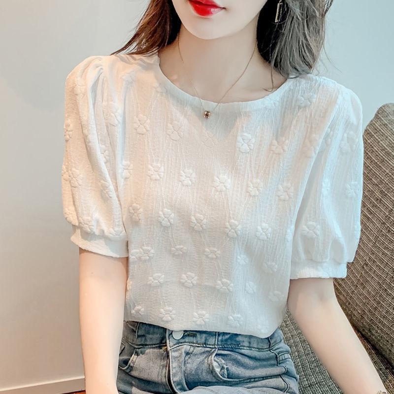 Ladies T-shirt 2022 Summer New Floral Lace Short Sleeve T-Shirt Women's Retro Round Neck Puff Sleeve Top Women