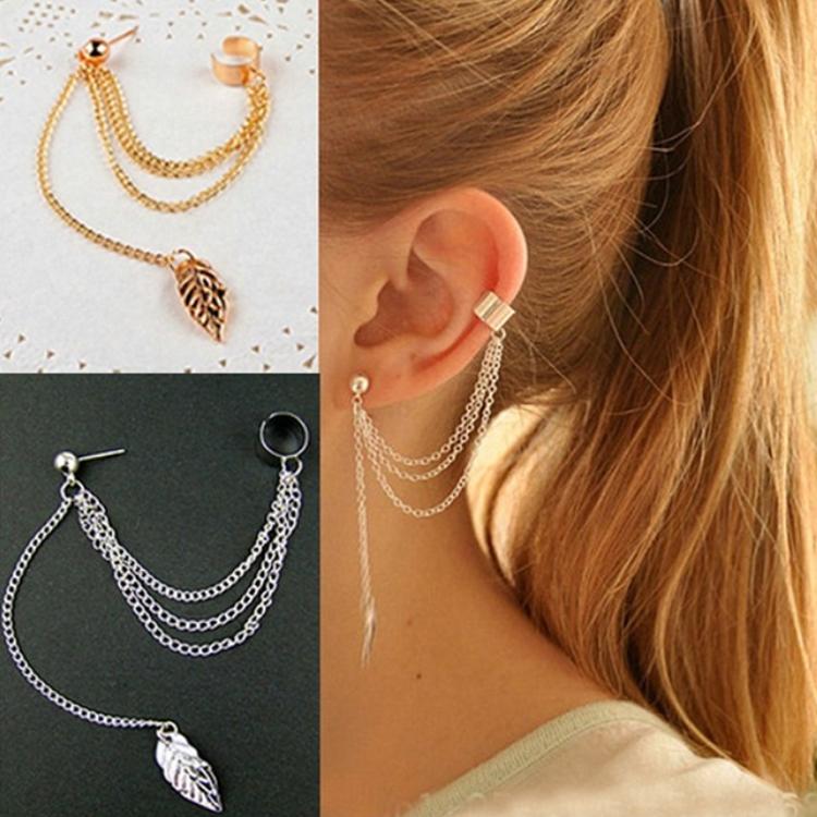ต่างหู เจาะล่าง หนีบบน ตุ้มหู จิว Leaf Tassel Earrings for Women Ear Cuff Jewelry Gold Color Silver Earrings Oorbellen Pendientes Aretes De Mujer Brincos - 1 ข้าง