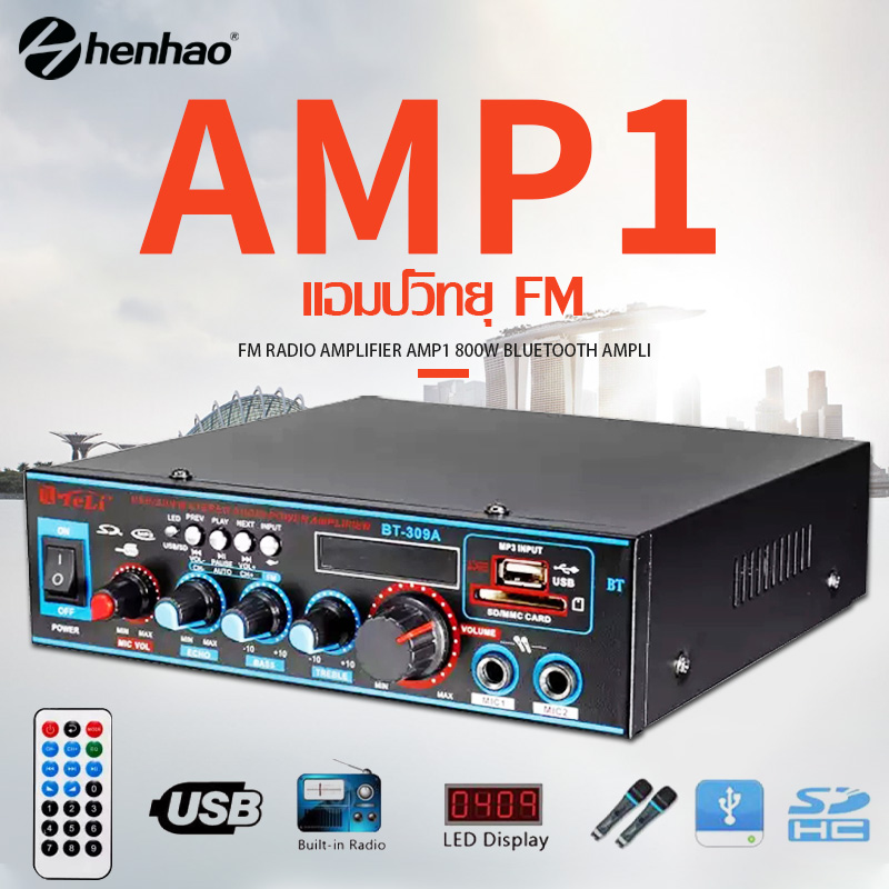 12 / 220V 800W สเตอริโอHIFI amplifier มินิ 2CH จอแสดงผล LCD build-in ไร้สายบลูทูธ วิทยุ FM เครื่องขยายเสียง AMP1 800w bluetooth Amplifier 110V/220V DC 12V AUX input USB SD Card