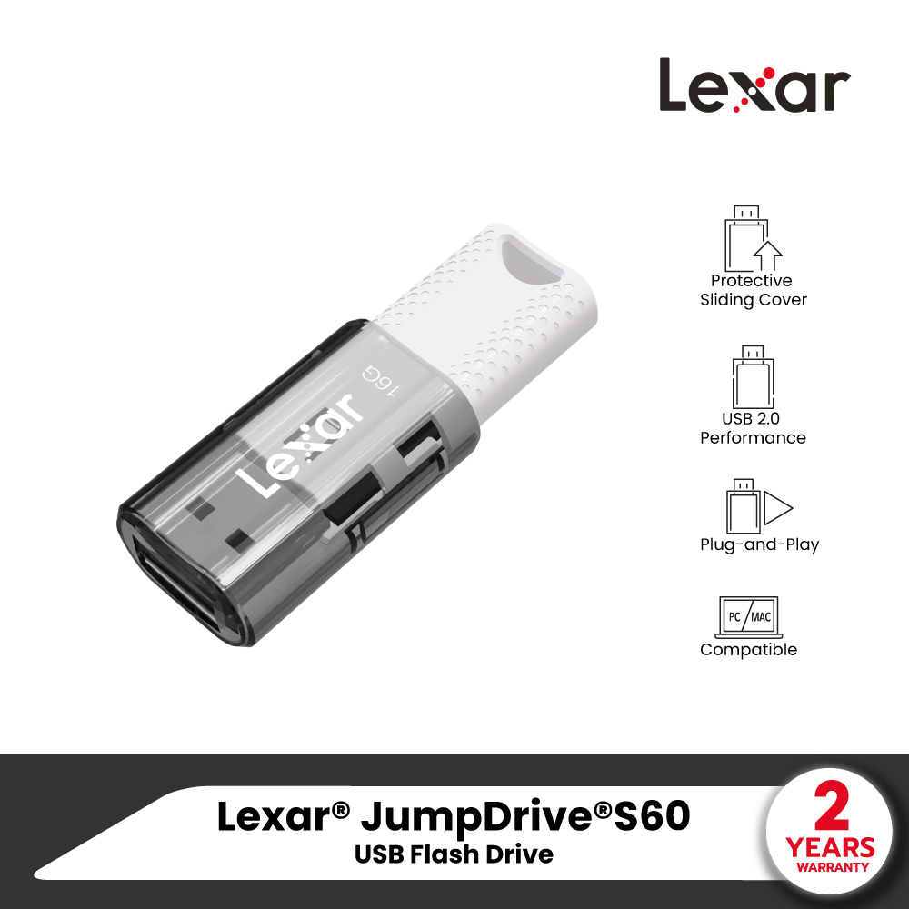Lexar® JumpDrive®S60 USB Flash Drive (ยูเอสบีแฟลชไดรฟ์) เชื่อมต่อแบบ Plug-and-Play ช่วยให้จัดเก็บไฟล์ได้อย่างรวดเร็ว - ยี่ห้อ Lexar ราคา 130 บาท*ส่งฟรี