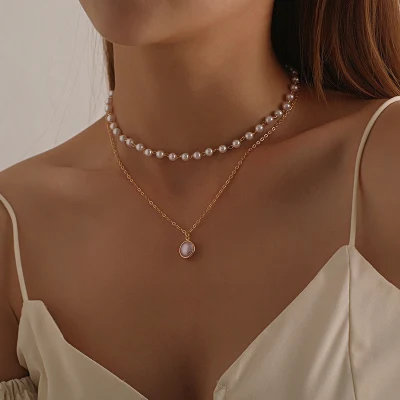 2021 New Fashion Kpop Imitation Pearl Choker Necklace Cute Double Layer Chain Pendant For Women Jewelry Girl Gift Wholesale