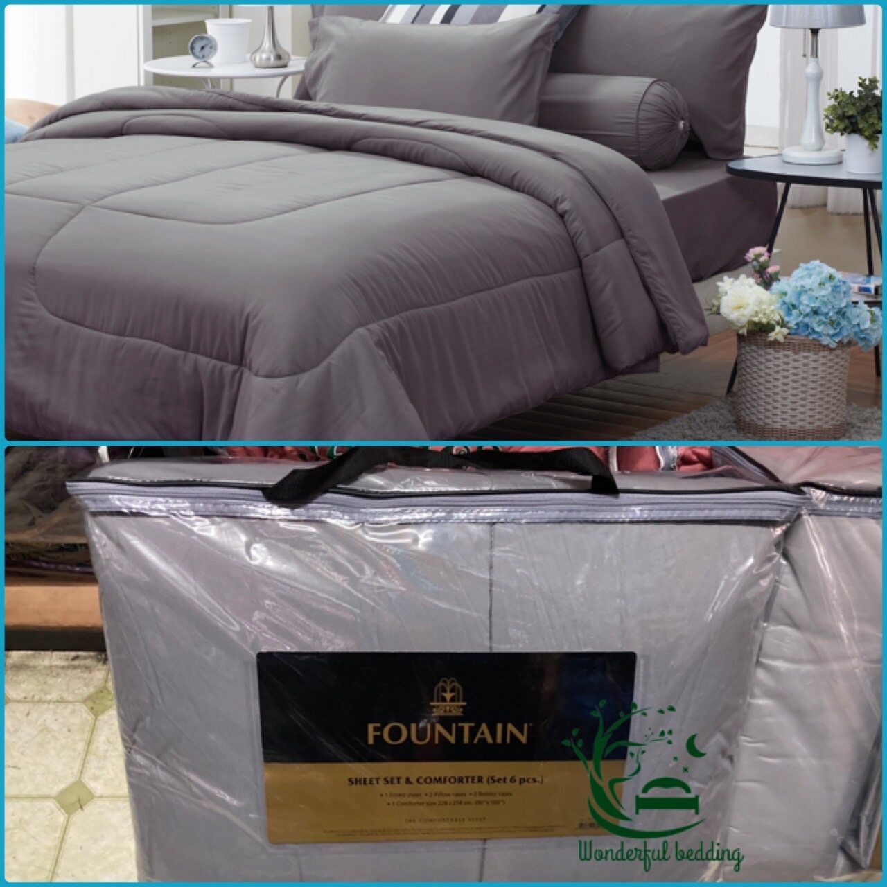 FOUNTAIN ผ้านวม + ชุดผ้าปู ผ้าปู ที่นอน แท้ 100% FTC สีพื้น เขียว Green Gray เทา ขนาด 3.5 5 6ฟุต ชุดเครื่องนอน ผ้านวม ผ้าปูที่นอน wonderful bedding  สี → Gray2ขนาดสินค้า 6 ฟุต