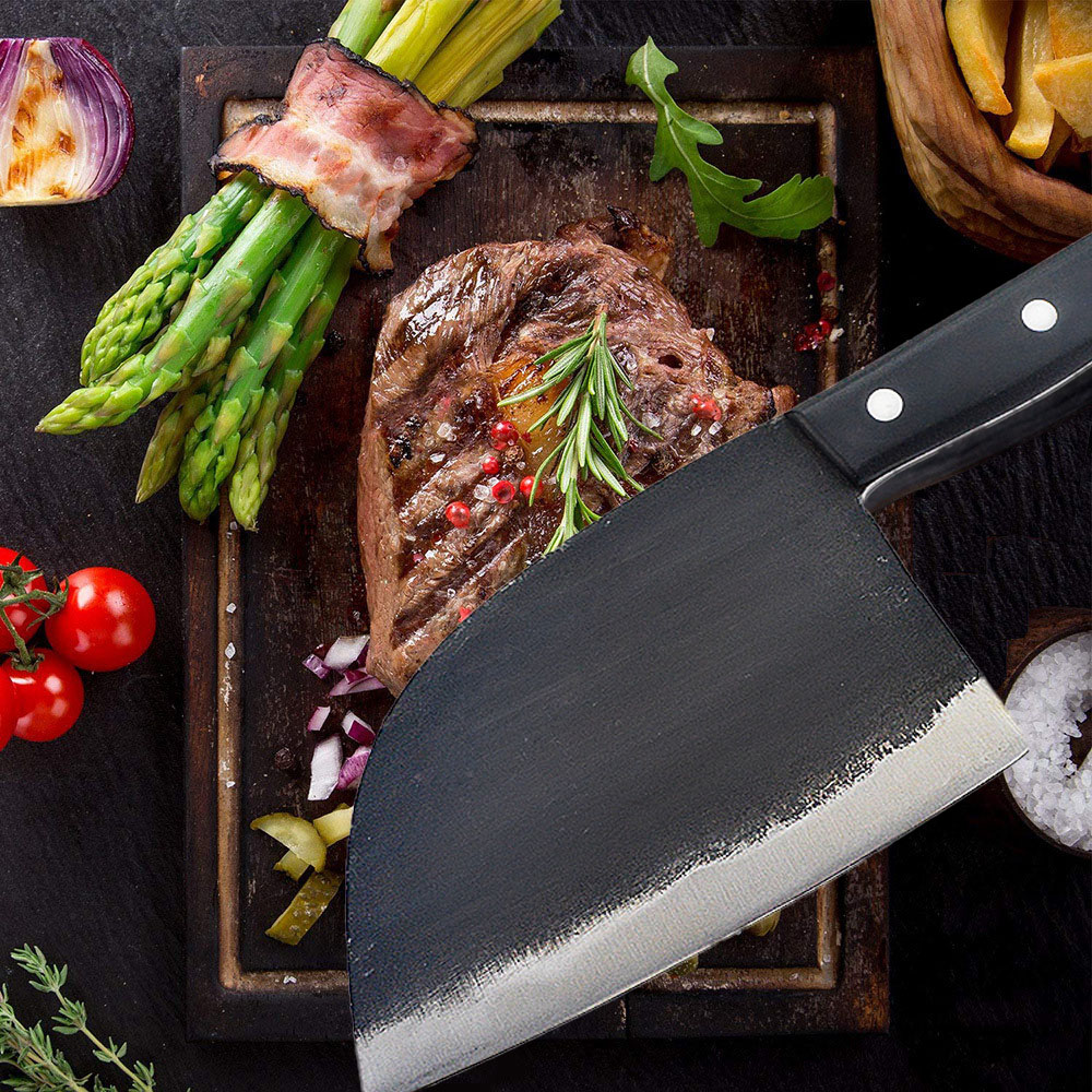 มีดทำครัว มีดเชฟ มีดปังตอเกรดพรีเมียม มีดสับหมู เนื้อ กระดูก Handmade Forged Chef Knife Hard Clad Steel Blade Butcher Slaughter Cleaver Knife Kitchen Chopping Slicing Tool