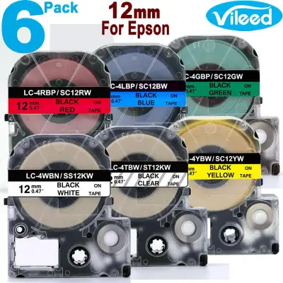 6 Pack Multicolor 12mm Label Tape for Epson KingJim Compatible Color Print Cartridge White Clear Red Blue Green Yellow Mixed Colors for Color Label Printer LabelWorks LW-300 LW-400 LW-600P LW-700 LW-900P LW-1000P LW-K200 LW-K400