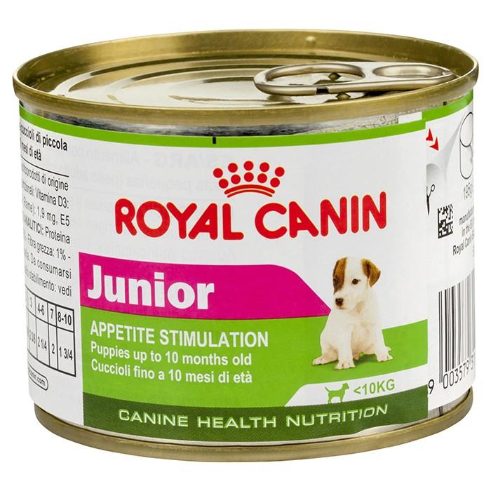 Royal Canin Junior อาหารเปียก เนื้ออาหารละเอียด สำหรับลูกสุนัขอายุต่ำกว่า 10 เดือน (195 กรัม/กระป๋อง) x 4 กระป๋อง