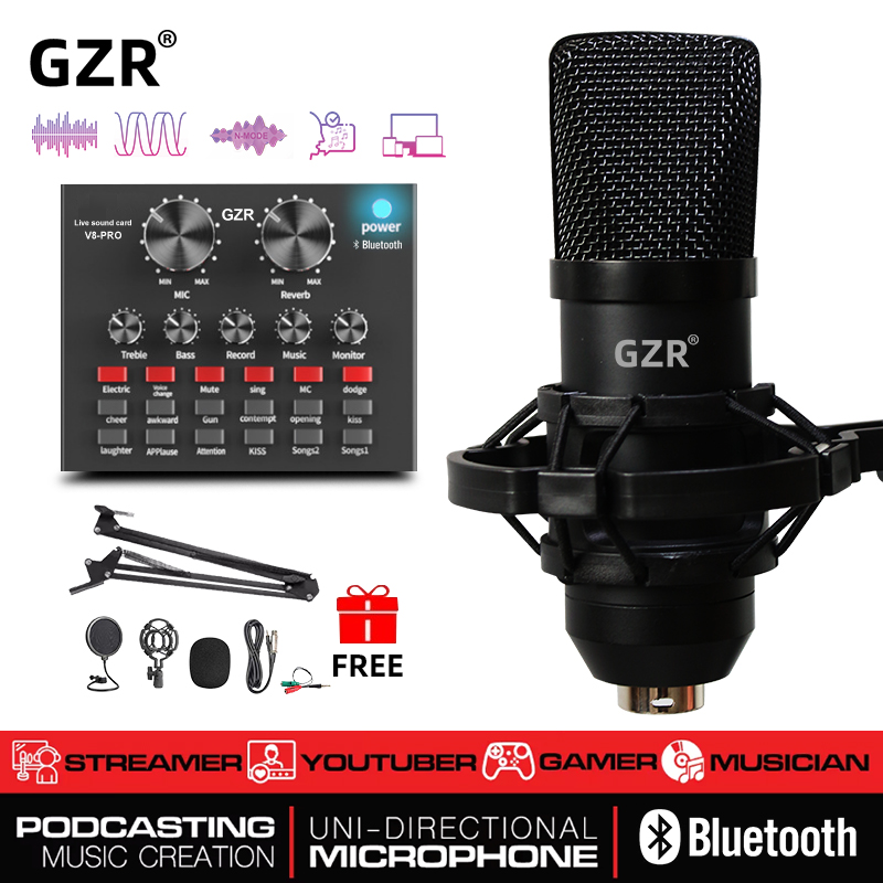 GZR ไมค์ ไมค์อัดเสียง คอนเดนเซอร์ Pro Condenser Mic Microphone BM800 Pro พร้อม ขาตั้งไมค์โครโฟน และอุปกรณ์เสริม (ฟรี 3.5mm ตัวแยกสายเคเบิล)USB Condenser Microphone