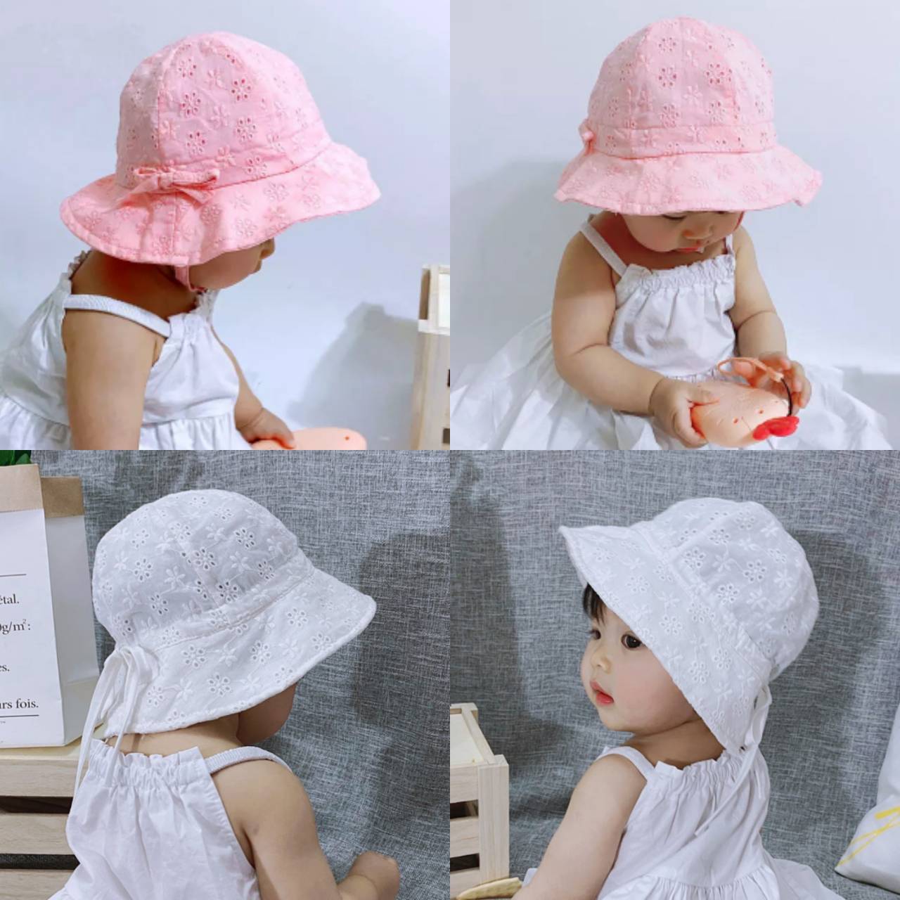 ☆พร้อมส่ง☆หมวกเด็ก 3เดือน-18เดือน หมวกเด็กอ่อน หมวกเด็กเล็ก หมวกสาวน้อย หมวกปีกรอบ หมวกเด็กหญิง ผ้าลูกไม้ แต่งโบว์🎀รอบหัว:46-48 cm.