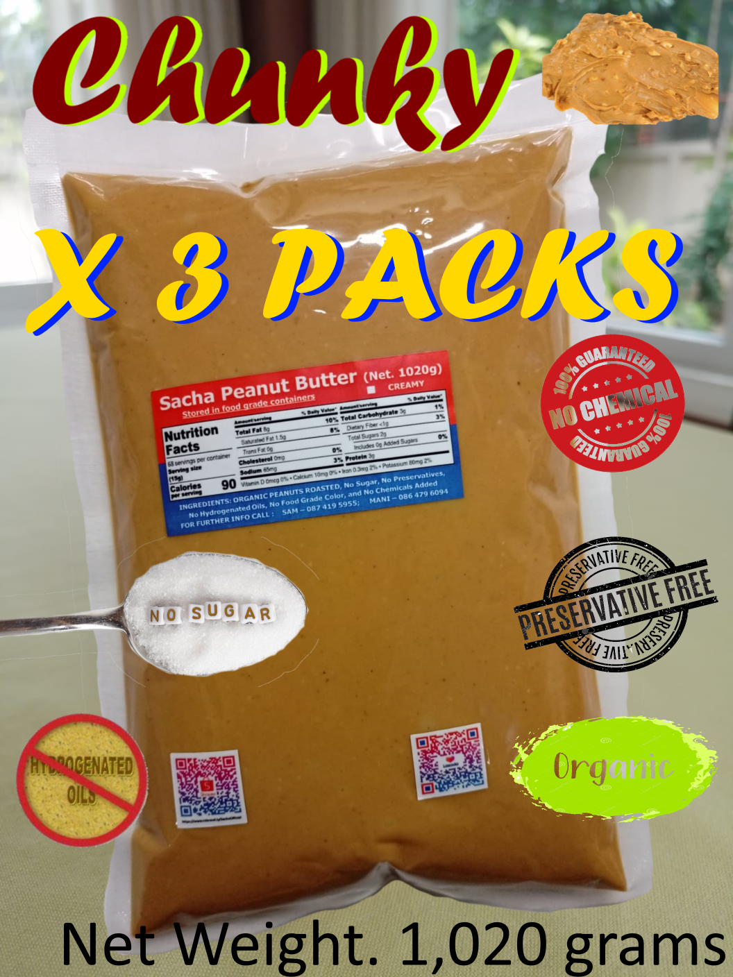 Sacha Peanut Butter (Chunky x 3 Packs) All Natural Organic (1,020 grams x 3 แพ็ค) - Free Delivery, ซาช่า-เนยถั่ว (ส่งฟรี)