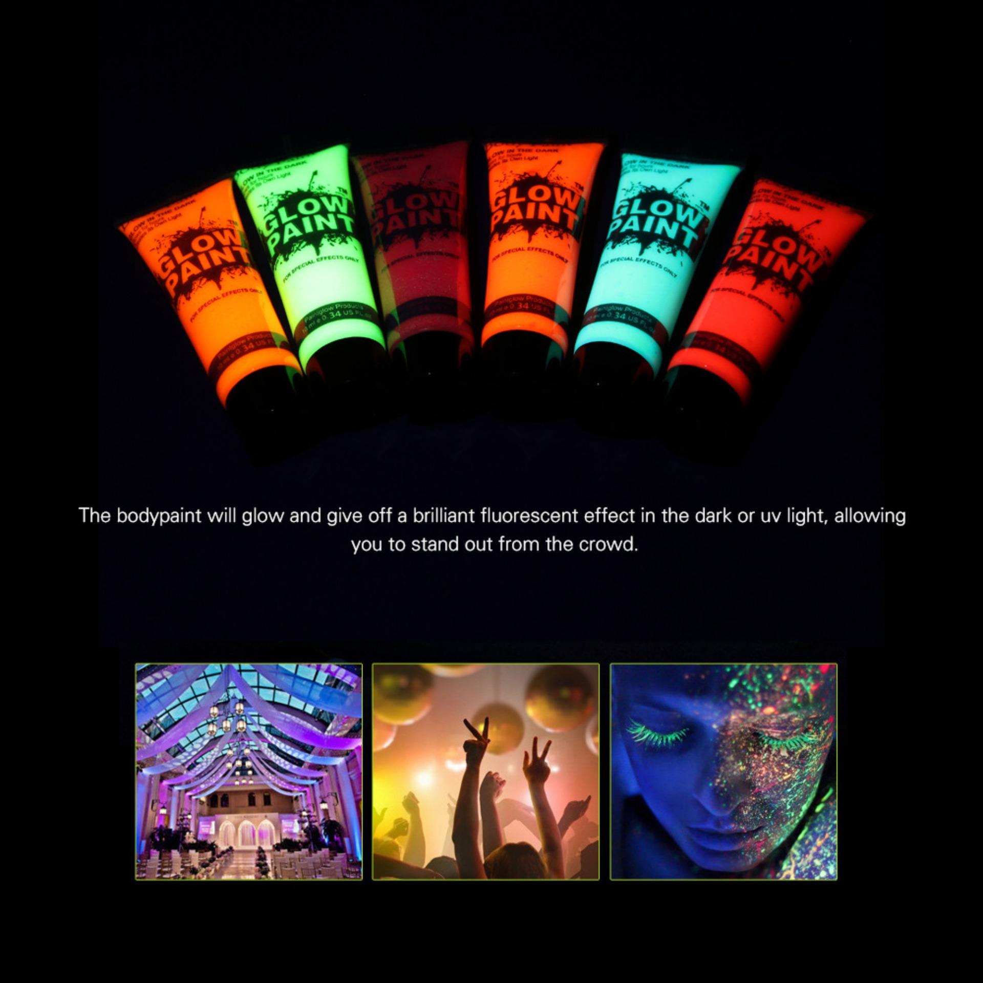 6 หลอด 10 ml/0.34 oz Art Body Paint GLOW in Dark หรือ UV Face & Body Paint 6 สีเรืองแสง Blacklight เรืองแสงนีออนสำหรับปาร์ตี้คลับเทศกาลแต่งหน้าแบบฮาโลวีน