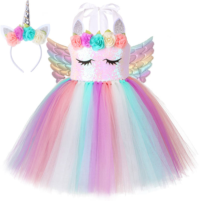 【cw】Flower Girl Unicorn Dress Pas Sequins Princess Dresses for Kids