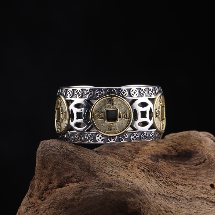 RY-Lucky ring transfer evil five emperor silver copper silver ring men and women adjustable ring silver ring feng shui fortune coin fortune coin auspicious ring