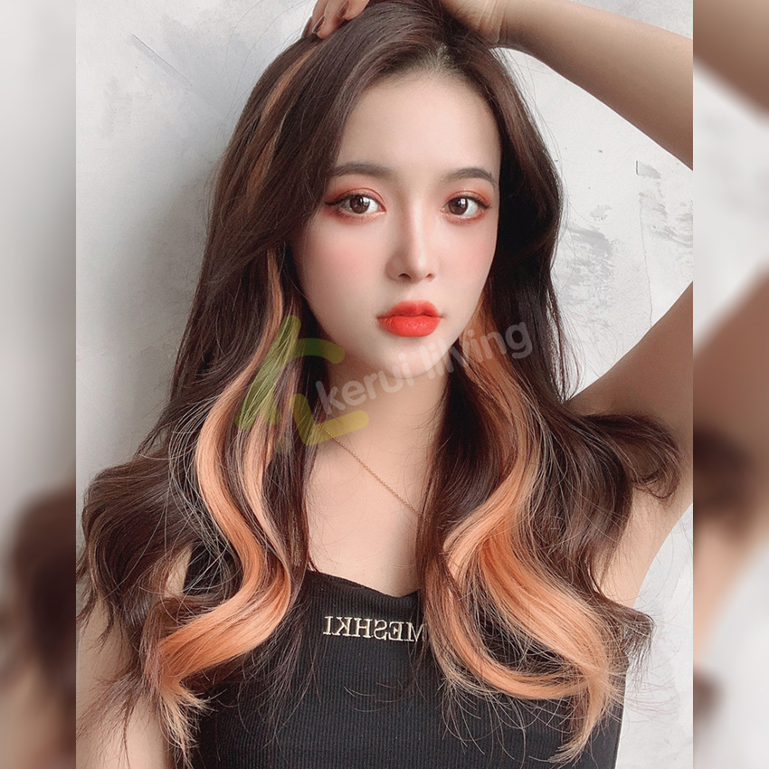 Peach hair wig synthetic hair clip on highlights Korean version of the
