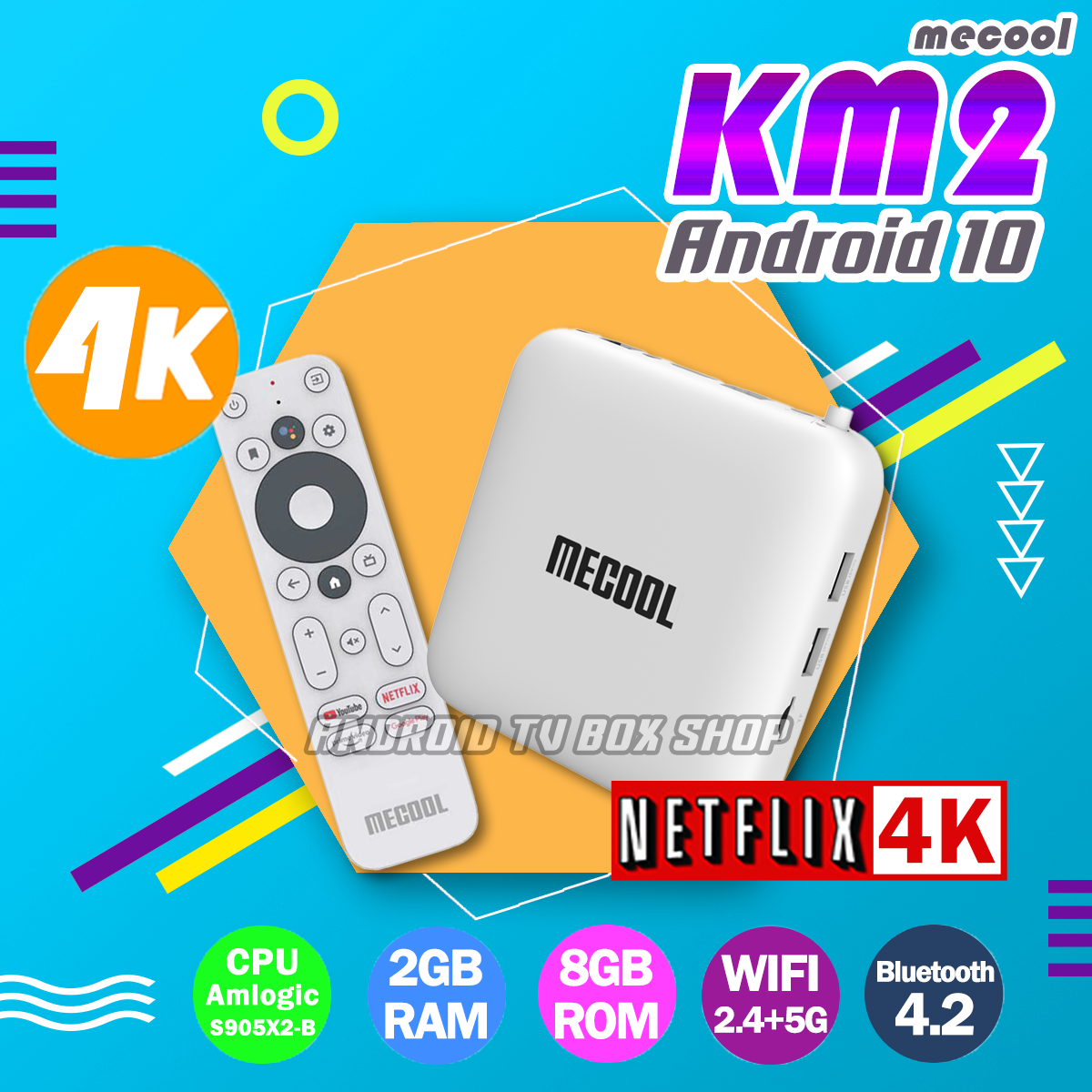 กล่องแอนดรอยทีวีแท้ Me cool Km2  Android 10, 2GB RAM , 8GB ROM, 2.4G&5G Wifi เสียง Dolby รองรับ netflix 4K