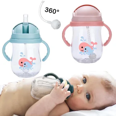 300ml Baby Water Feeding Bottle Kids Toddler Newborn Baby Training Drinking Water & Milk Sippy Cup with Straw Infant Drinker