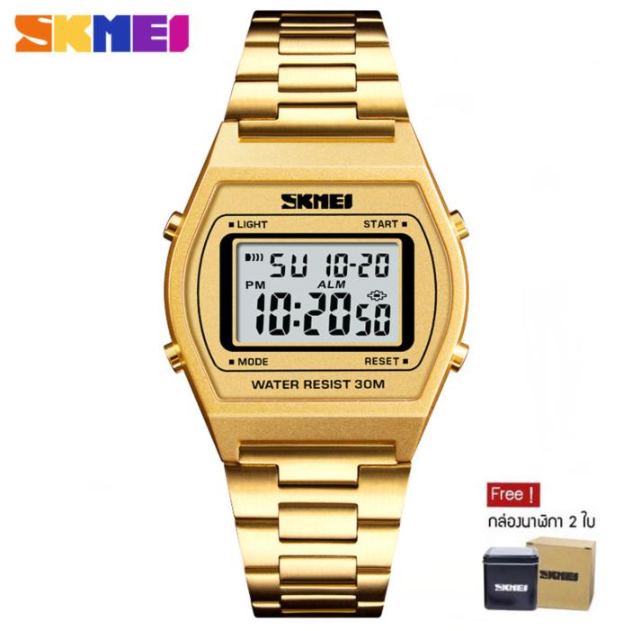 SKMEI ของแท้ 100% ส่งในไทยไวแน่นอน นาฬิกาข้อมือผู้หญิง สไตล์ Casual Bussiness Watch จับเวลา ตั้งปลุกได้ ไฟ LED ส่องสว่าง สายแสตนเลส รุ่น SK-M1328(Gold)