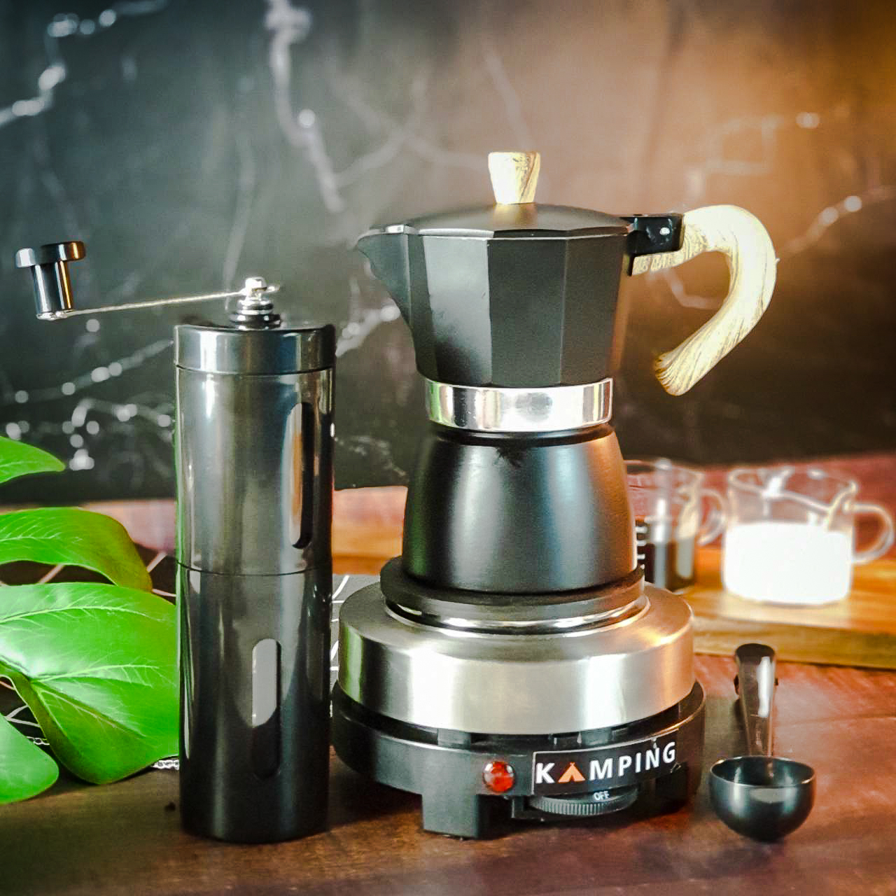 KAMPING (4 ชิ้น/ดำ)หม้อต้มกาแฟสด มอคค่าพอท moka pot + เตาไฟฟ้ามินิ 500W + เครื่องบดมือหมุน + 2-1 ช้อนตักกาแฟ
