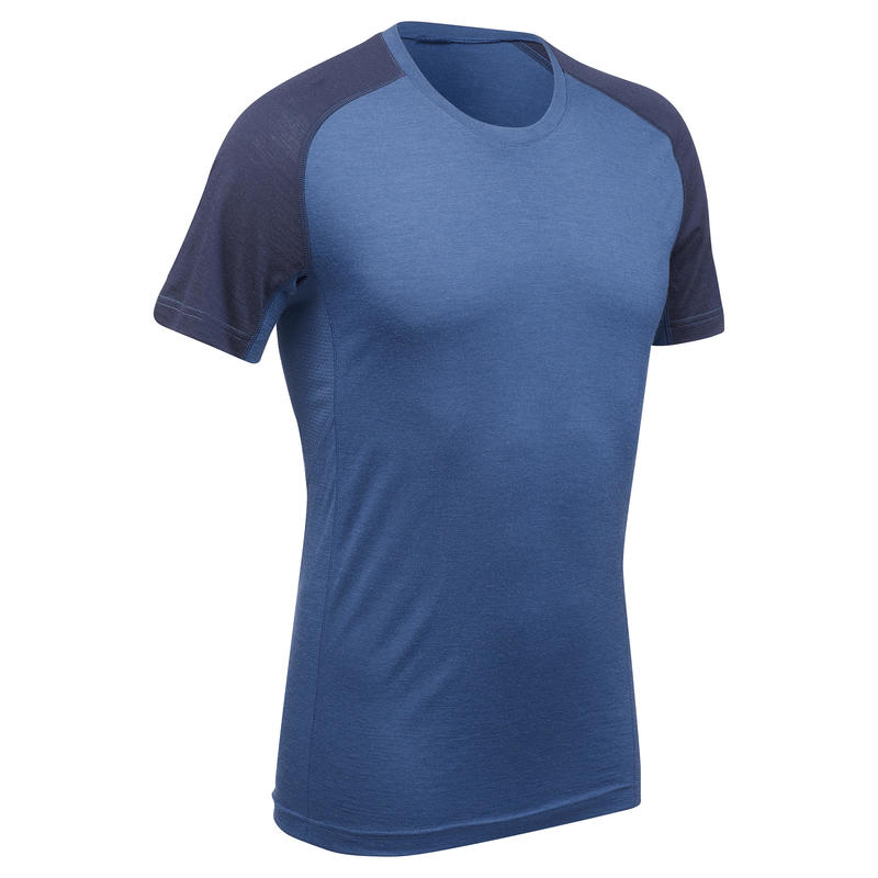 เสื้อยืดผู้ชายผ้าเมอริโนแขนสั้นเพื่อการเทรคกิ้งบนภูเขารุ่น TREK 500 (สีน้ำเงิน)รองเท้าและเสื้อผ้าสำหรับผู้ชาย