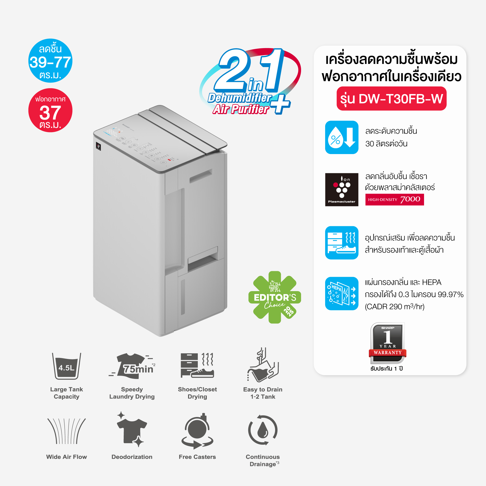 SHARP เครื่องขจัดความชื้น รุ่น DW-T30FB-W 4.5 ลิตร สีขาว ราคา 20,986 บาท*ส่งฟรี
