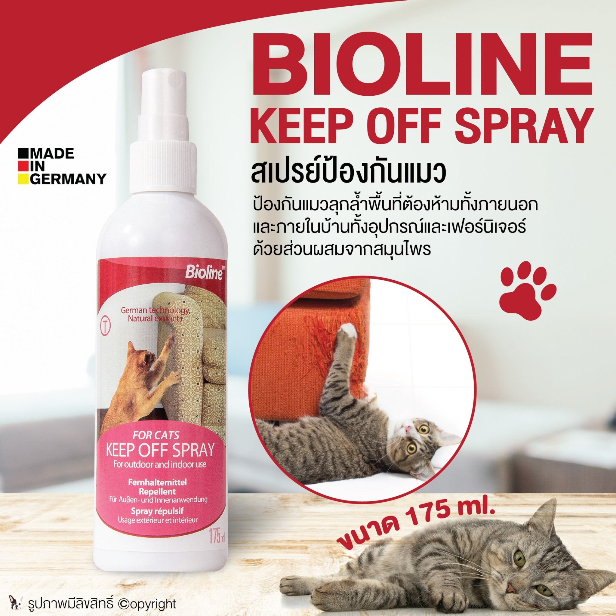 Bioline keep off spray สเปรย์จำกัดพื้นที่แมว ใช้ได้ทั้งภายในบ้านและนอกบ้าน ทั้งอุปกรณ์และเฟอร์นิเจอร์ ขนาด 175 ml โดย Yes Pet Shop